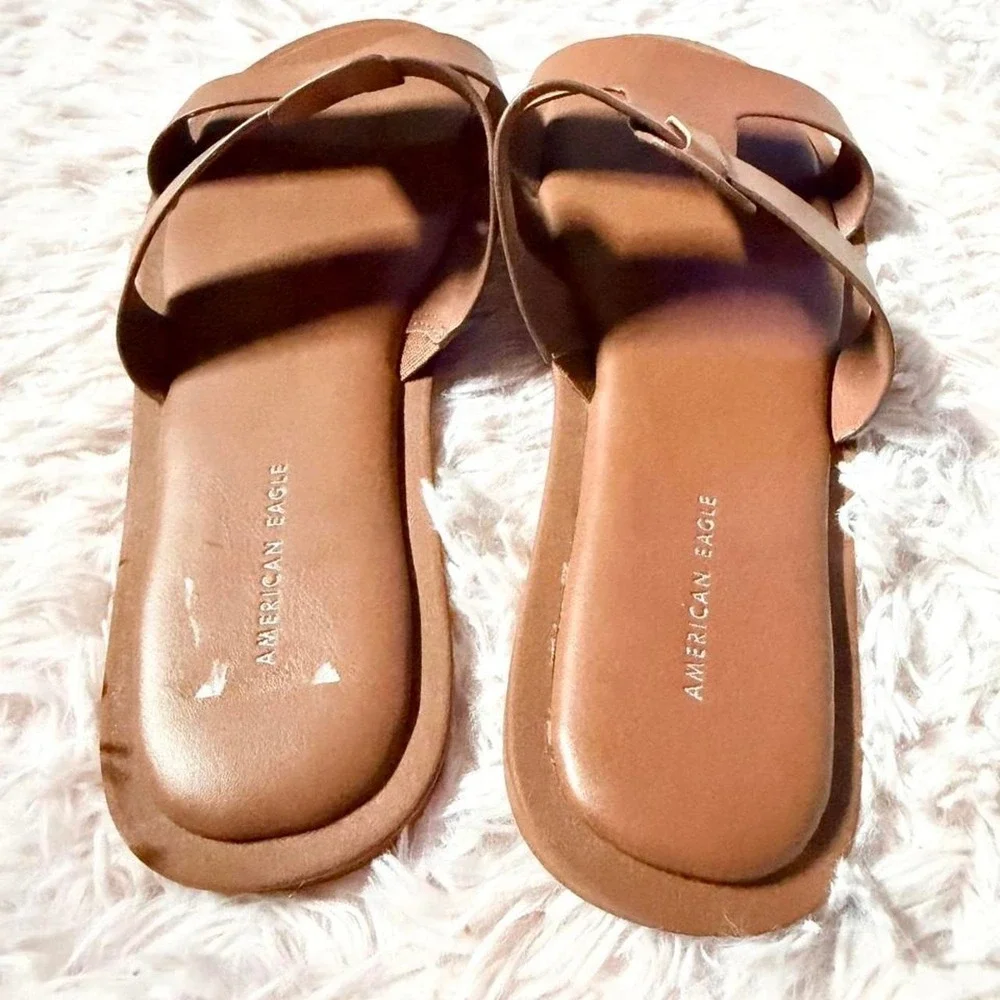 American Eagle Faux Leather Minimalist Boho Slip On Flat Sandals Womens 9 Indie